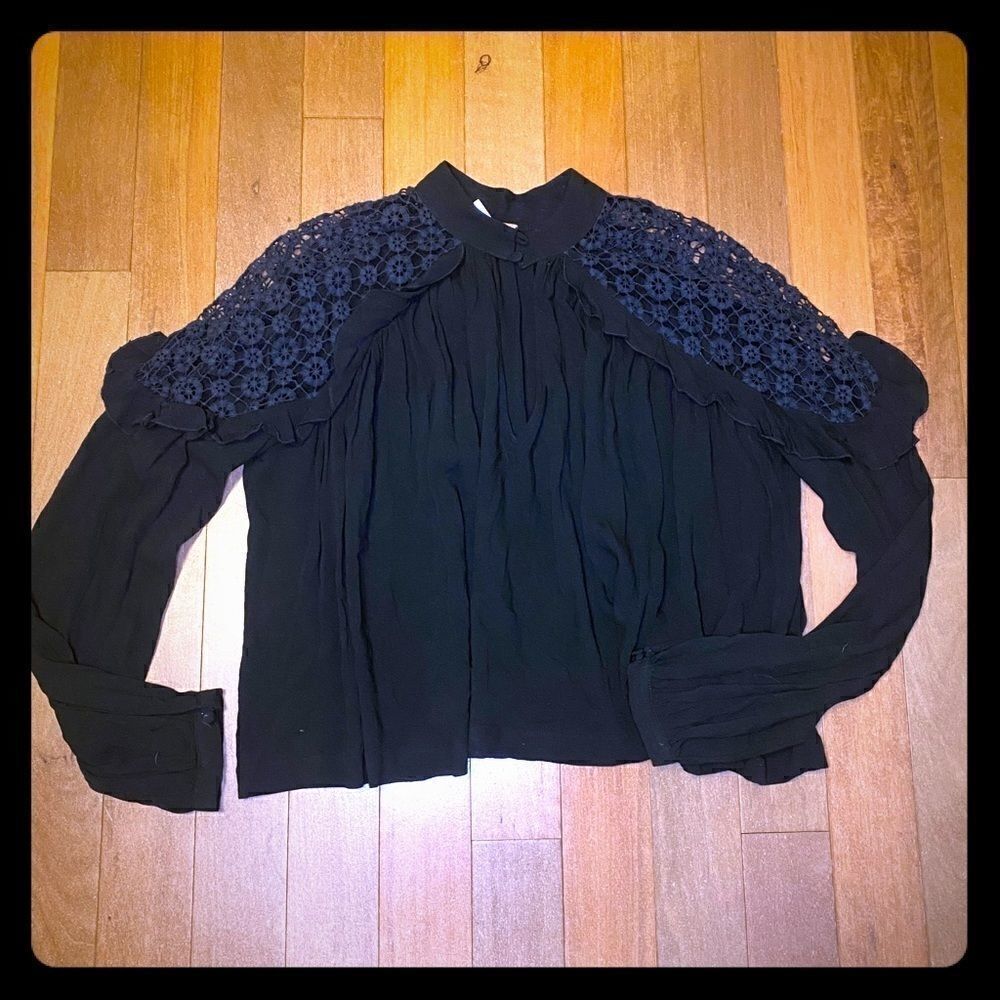 Free People Black Blouse Eyelet lace inset Small
